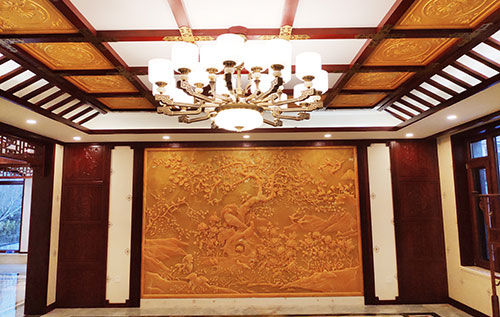 辽阳中式别墅客厅中式木作横梁吊顶装饰展示